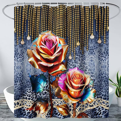 AILONEN Gold Rose Shower Curtain for Bathroom- Romantic Floral Shower Curtain -Polyester Fabric Waterproof Decoration- Plants Blue Black Leopard Flowers Bath Shower Curtains Washable, 72" W x 78" H