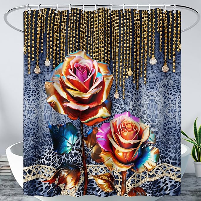 AILONEN Gold Rose Shower Curtain for Bathroom- Romantic Floral Shower Curtain -Polyester Fabric Waterproof Decoration- Plants Blue Black Leopard Flowers Bath Shower Curtains Washable, 60" W x 72" H