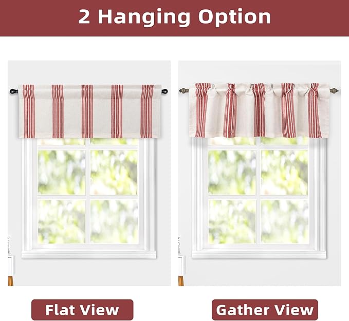 DriftAway Chris Linen Lined Valance Double Layer Thermal Insulated Room Darkening Blackout Valances 3 Inch Rod Pocket Vertical Striped Kitchen Valance for Bathroom 52 Inch by 18 Inch Red