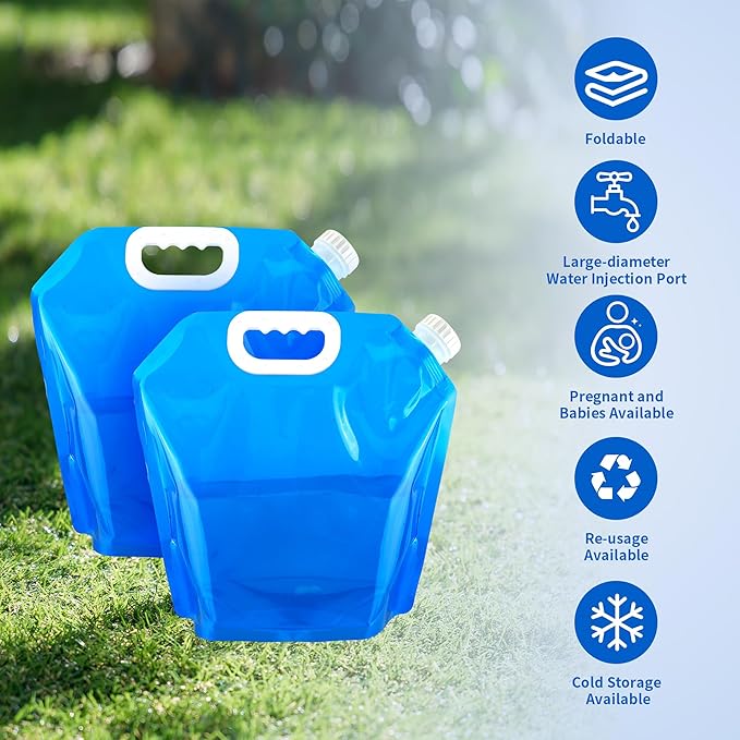 5 Pcs Collapsible Water Bottles Container Bag, 1.3 Gallon No-Leak Freezable Water Storage Bag, BPA Free Food Grade Plastic Storage Water Jug for Outdoors Camping Hiking Backpack Emergency