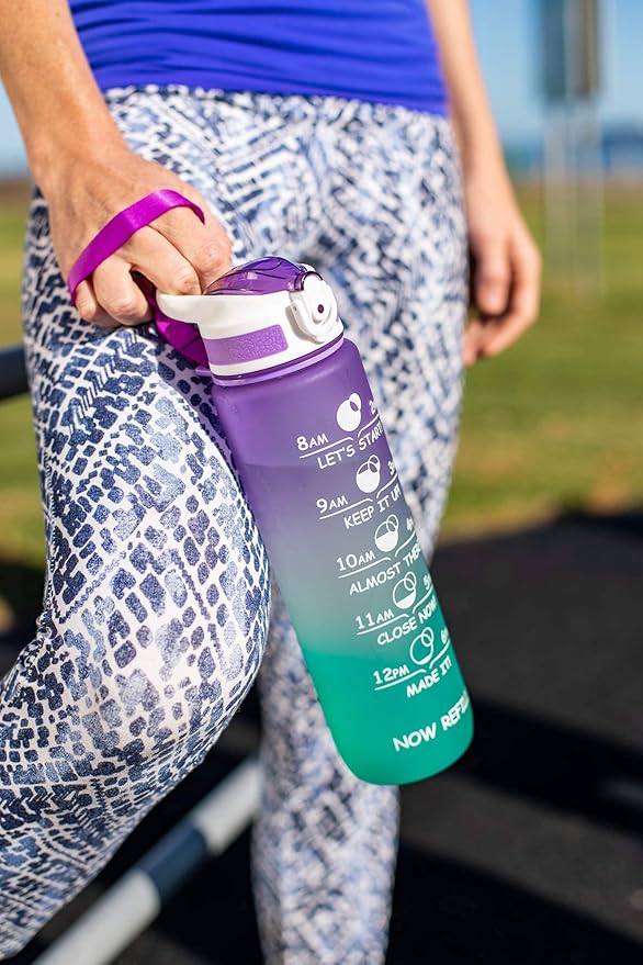 Prometheuz 32oz Water Bottle with Straw, Motivational Water Bottle with Time Marker, Water Bottles Leakproof & BPA-Free for Sports, Work and Fitness Purple Mint