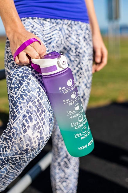 Prometheuz 32oz Water Bottle with Straw, Motivational Water Bottle with Time Marker, Water Bottles Leakproof & BPA-Free for Sports, Work and Fitness Purple Mint
