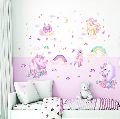 Unicorn Wall Decals Pack of 5 Sheets Stickers by Lipastick - Rainbow Wall Stickers – Princess Castle with Hearts Clouds Stars Wall Decals Decor for Girls Kids Bedroom Birthday Party Size S