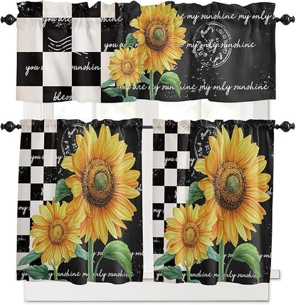 Kitchen Curtains and Valances Set,Farmhouse Sunflower Window Treatments Tiers Black White Buffalo Plaid Semi Sheer Half/Short Curtains for Small Windows Cafe /Living Room/ Bedroom 54x24 in, 3-Piece