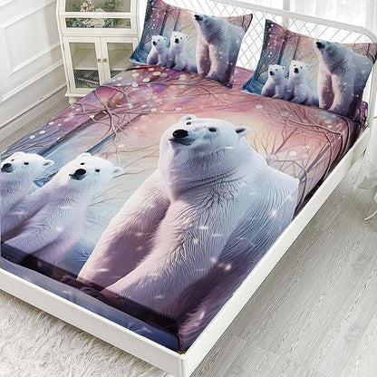 AILONEN Polar Bear Fitted Sheet Set Twin Size, Arctic Animals Bedding Winter Snow Bear Kawaii Kids Bed Sheet with 2 Pillowcases,3 Pieces Twin Fitted Sheet Set for Girls Boys