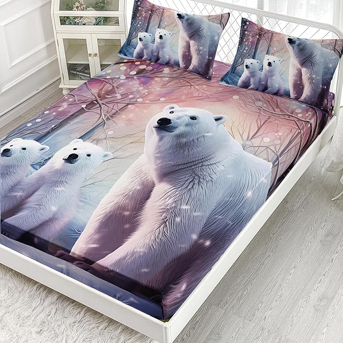 AILONEN Polar Bear Fitted Sheet Set Full Size, Arctic Animals Bedding Winter Snow Bear Kawaii Kids Bed Sheet with 2 Pillowcases,3 Pieces Full Fitted Sheet Set for Girls Boys