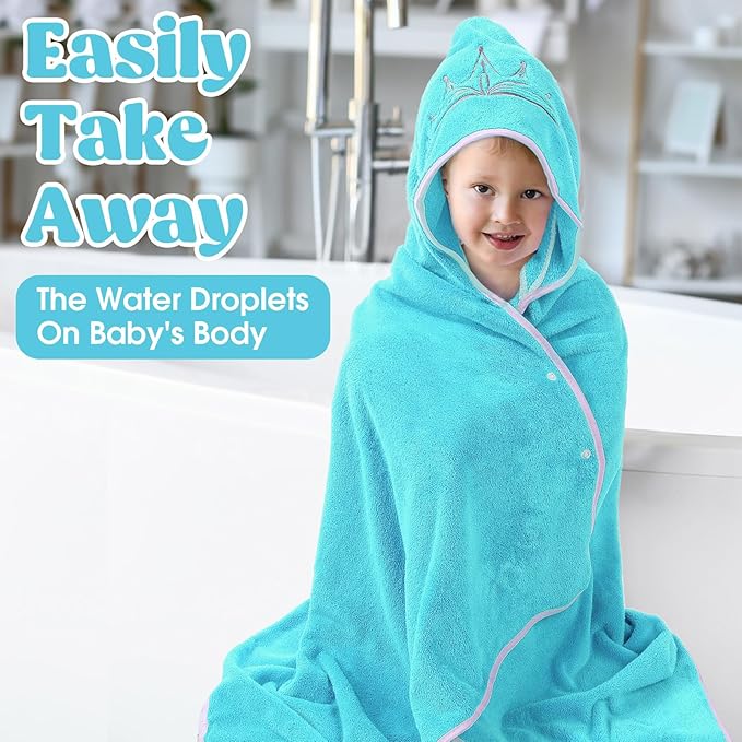 2 Pcs Princess Toddler Bath Towel Oversized Baby Hooded Bath Towel Thick Absorbent Soft Toddler Beach Towel for Kids Girls Up to 10 Years, 27 x 48 Inch, Pink and Blue