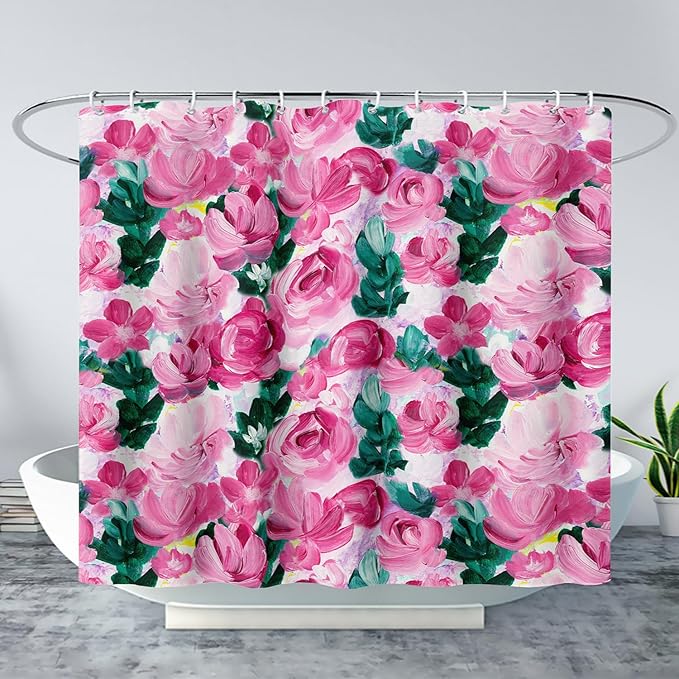 AILONEN Rose Shower Curtain,Large Group of Roses Waterproof Fabric Shower Curtain Set for Girls Kids Teens, 72" W*78" H Oil Painting Rose Theme Bathroom Decor