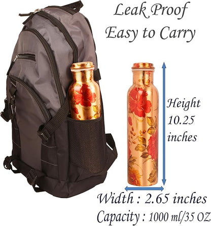 Pure Copper Water Bottle - Handcrafted - Ayurveda health benefits - Large 35 oz - Leak proof, Easy to carry for Sports, Fitness, Yoga, School - Natural Copper Finish Floral Colorful Enamel