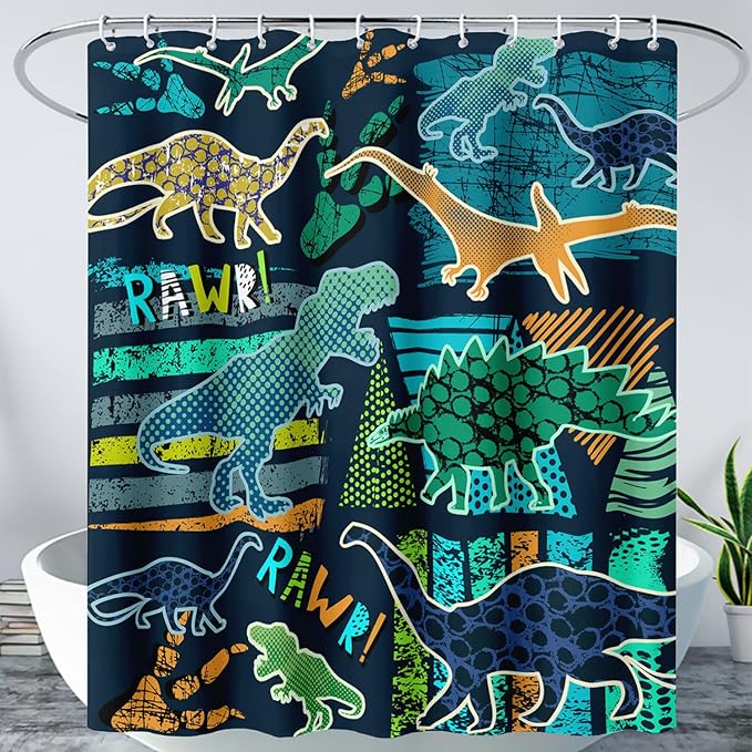 AILONEN Boys Dinosaur Shower Curtain 72" W*96" H for Bathroom,Cartoon Dinosaur Bathroom Shower for Kids Boys,Retro Blue Dinosaur Print Bath Curtain Polyester Waterproof Bathroom Curtain with 12 Hooks