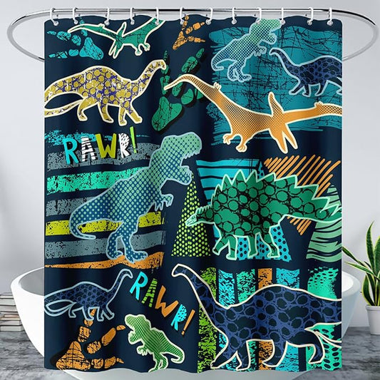 AILONEN Boys Dinosaur Shower Curtain 72" W*84" H for Bathroom,Cartoon Dinosaur Bathroom Shower for Kids Boys,Retro Blue Dinosaur Print Bath Curtain Polyester Waterproof Bathroom Curtain with 12 Hooks