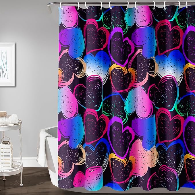 AILONEN Hearts Shower Curtain for Bathroom, Colorful Hearts Love Theme Bath Curtain for Kids Girls Women,Abstract Hearts Print Black Shower Curtain Waterproof with 12 Plastic Hooks, 72" W*72" H