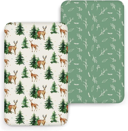 ACRABROS Crib Sheets for Girl Boy: Stretchy Baby Fitted Crib Mattress Sheets Sets 2 Pack Standard Size Ultra Soft Neutral, Blossom Deer&Green Leaf