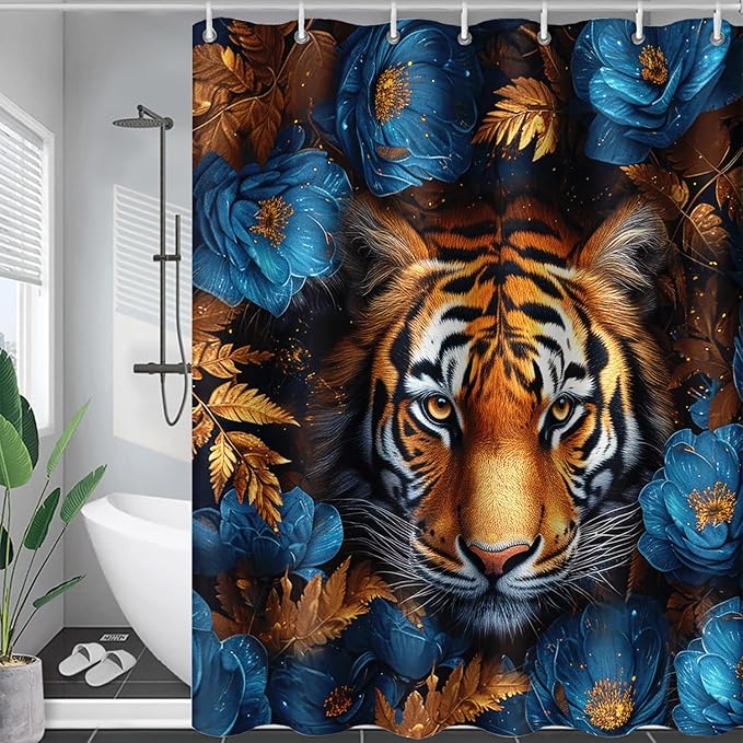 AILONEN Tiger Shower Curtains for Kids Boys,Blue Flower Tiger Bath Curtains,Wild Animal Curtains Polyester Waterproof,48" W*72" H with 12 Plastic Hooks