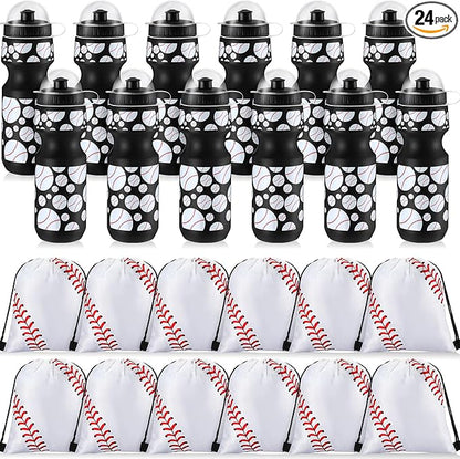 24 Pcs 24 oz Baseball Water Bottle Bulk and Drawstring Bag Set 12 Reusable Plastic Biking Water Bottle Tumbler 12 Sport Gym Goodie Gift Bag for Party Favor (Black)