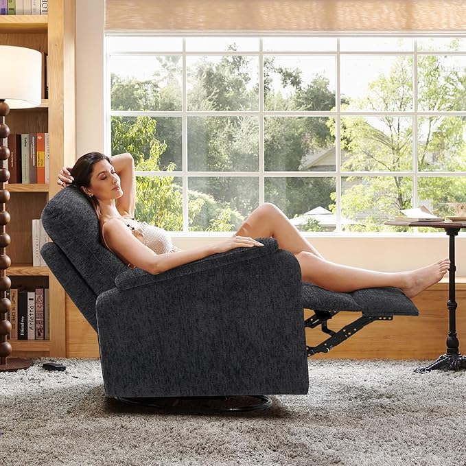Swivel Rocking Recliner Glider Chair, Upholstered Fabric Reclining Rocker Chair with Footrest for Living Room, Nursery, Bedroom, Ergonomic High Backrest, Wide Seat Cushion and Metal Base-Darkgrey