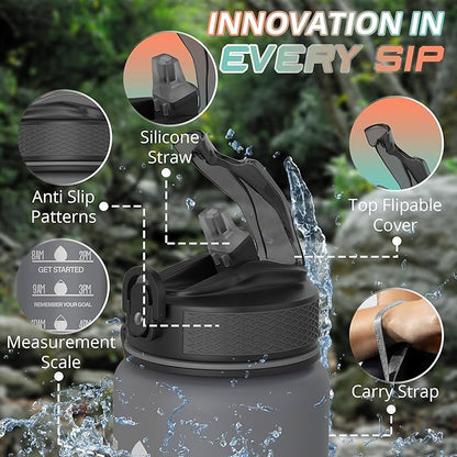 32 oz Water Bottle with Time Marker- Leak-Proof & BPA Free Reusable Gym Water Bottle - Easy to Carry Motivational Water Bottle for Fitness, Sports, Outdoor, Cycling, School (Day & Night)