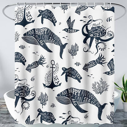 AILONEN Whale Shower Curtain Cartoon Gull Sea Turtle Octopus Bath Curtain Ocean Animal Blue Printed Shower Curtain 48" W*72" H Minimalist Bathroom Curtain Polyester Waterproof Curtain with 12 Hooks