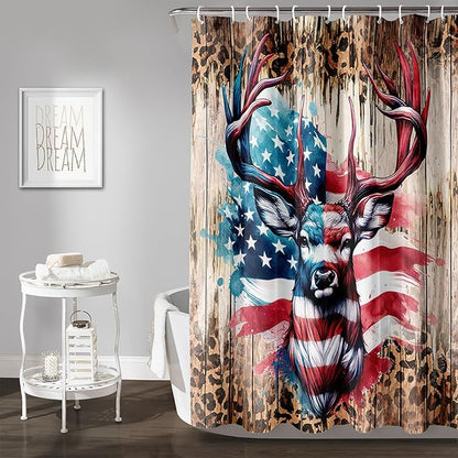 AILONEN Deer Hunting Shower Curtain for Bathroom Decor,American Flag Elk Bath Curtain for Kids Boys Teens,Safari Deer Print Curtain,Polyester Waterproof with 12 Plastic Hooks 72" W*72" H