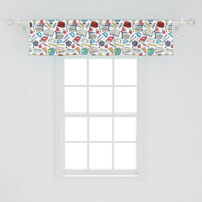 Ambesonne Science Window Valance Pack of 2, Elementary Theme Student Supplies Globe Paints and Brushes Books, Rod Pocket Curtain Valances for Kitchen Bedroom, 54" X 12", Blue Red