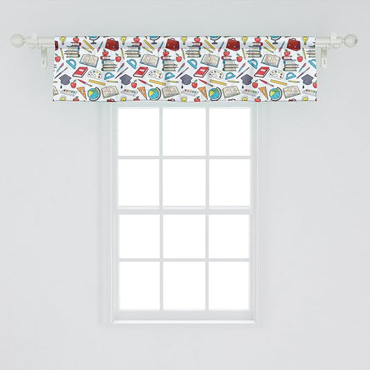 Ambesonne Science Window Valance Pack of 2, Elementary Theme Student Supplies Globe Paints and Brushes Books, Rod Pocket Curtain Valances for Kitchen Bedroom, 54" X 12", Blue Red
