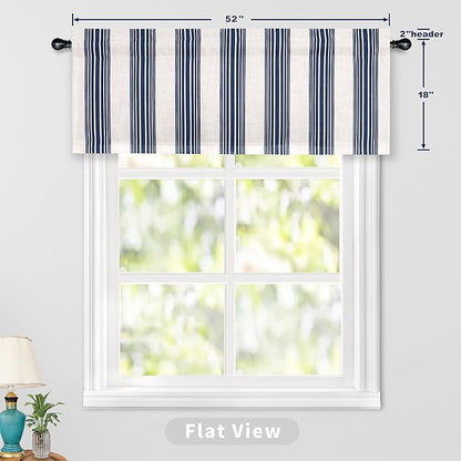 DriftAway Chris Linen Lined Valance Double Layer Thermal Insulated Room Darkening Blackout Valances 3 Inch Rod Pocket Vertical Striped Kitchen Valance for Bathroom 52 Inch by 18 Inch Ivory Dark Blue