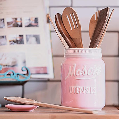 Mason Jar Kitchen Accessories Set - Ceramic Jar with Lid, Measuring Cups & Spoons, Utensil Holder for Stove, and Sponge Holder Ceramic - Vintage Utensil Rest & Condiment Shakers (Pink, 17-Pieces)