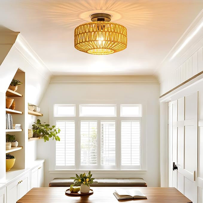 MAYNA Rattan Ceiling Light Fixture, Hand-Woven Boho Light Fixtures Ceiling Mount, Rattan Flush Mount Ceiling Light for Farmhouse Hallway Bedroom Kitchen Entryway Living Room (Black)