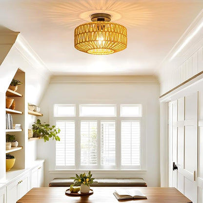 MAYNA Rattan Ceiling Light Fixture, Hand-Woven Boho Light Fixtures Ceiling Mount, Rattan Flush Mount Ceiling Light for Farmhouse Hallway Bedroom Kitchen Entryway Living Room (Black)