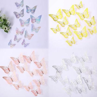 3D Butterfly Wall Decor 48 Pcs 4 Styles 4 Colors 3 Sizes,Gold Silver Laser Rose Butterfly Decorations for Butterfly Birthday Decorations Butterfly Party Decorations Cake Decorations,Removable Sticker