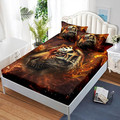 AILONEN Tiger Fitted Sheet Set Queen Size, 3D Fire Animal Tiger Bed Sheet Wildlife Sheet Set,Teen Boys 3 Pieces Printed Safari Tiger Fitted Sheet with 2 Pillowcases