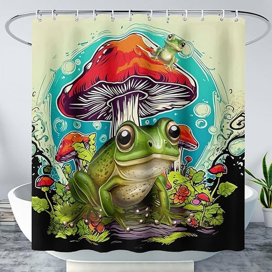 AILONEN Frog Mushroom Shower Curtain,Green Frog Waterproof Fabric Bath Curtain for Kids Girls Boys,Cartoon Animal Wildlife Red Mushroom Shower Curtain Set for Bathroom with Hooks,60" W*72" H