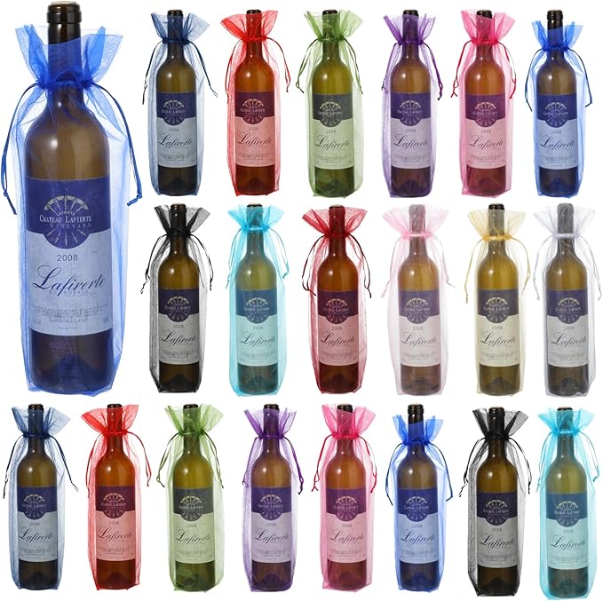 60 Pcs Sheer Organza Wine Bags 14.6 x 5.5 Wine Gift Pouches Sheer Mesh Wine Gift Pouches Reusable Bottle Wrap Bottle Covers Drawstring Gift Wrap Bags Dresses for Wedding Christmas Baby Shower