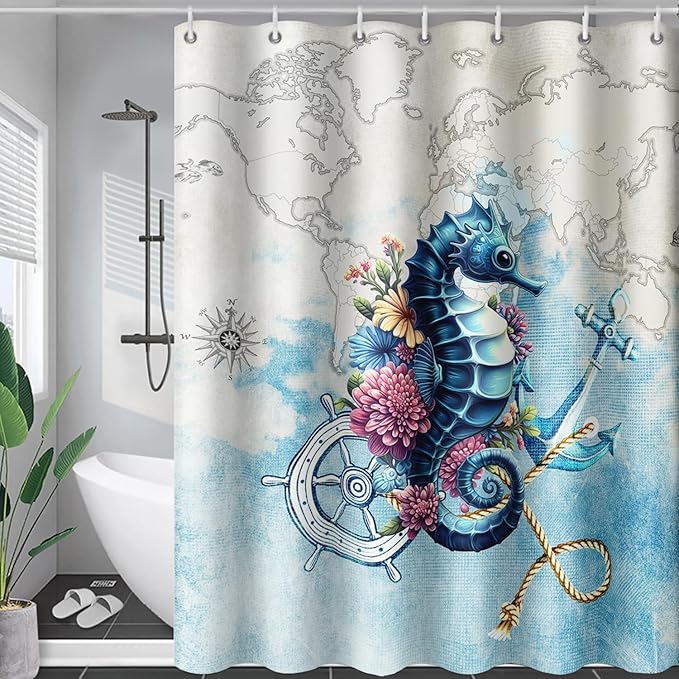 AILONEN Seahorse Shower Curtain for Bathroom,Nautical Coast Retro Map Ocean Bath Curtain 72" W*78" H,Blue Sea Animal Print Decorative Waterproof Curtain with 12 Plastic Hooks
