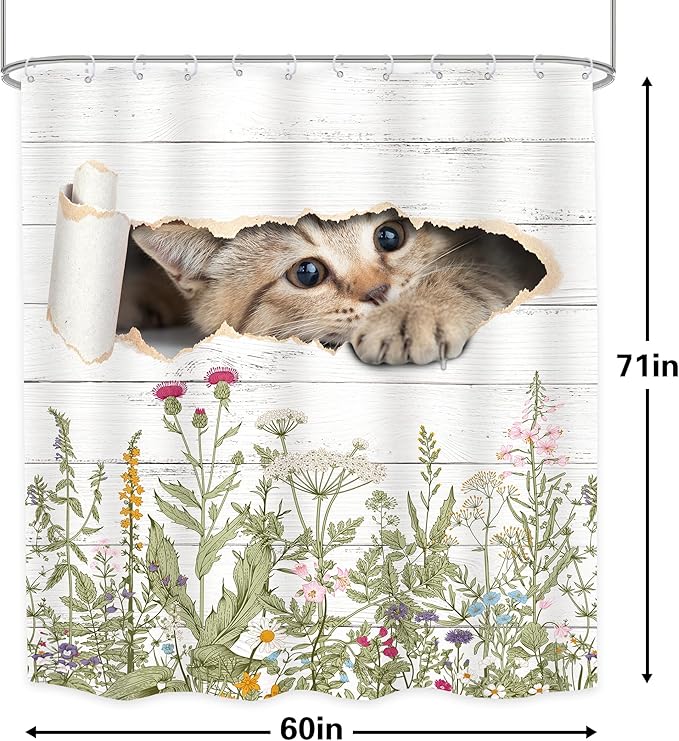 LGhtyro Wildflower Cats Shower Curtain Bathroom Set 60Wx71H Inches Kids Funny Floral Rustic Plant Leaves Botanical Country Bath Accessories Animal Cute Flower Art Home Decor Fabric 12 Pack Hooks