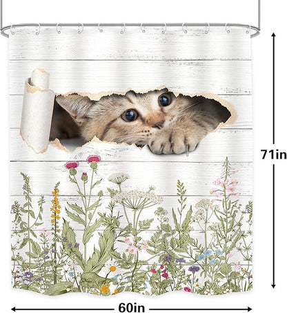 LGhtyro Wildflower Cats Shower Curtain Bathroom Set 60Wx71H Inches Kids Funny Floral Rustic Plant Leaves Botanical Country Bath Accessories Animal Cute Flower Art Home Decor Fabric 12 Pack Hooks