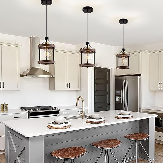 MO&OK Set of 3 Chandelier Vintage Pendant Light Fixture, Wood Color Farmhouse Wooden Metal Chandeliers, Open Frame Hanging Lighting for Diningroom,Bar,Entrance Hall,Kitchen Island H10.6 xD6.7