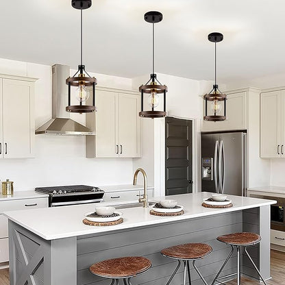 MO&OK Set of 3 Chandelier Vintage Pendant Light Fixture, Wood Color Farmhouse Wooden Metal Chandeliers, Open Frame Hanging Lighting for Diningroom,Bar,Entrance Hall,Kitchen Island H10.6 xD6.7