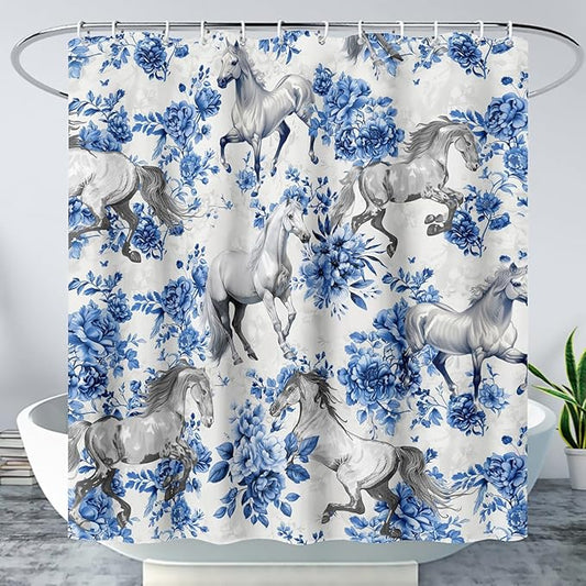 AILONEN Blue Floral Horse Shower Curtain,Farm Animal Printed Galloping Horse Bath Curtain,Minimalist Flower Girls Women Bathroom Curtain Decor, 48" W x 72" H