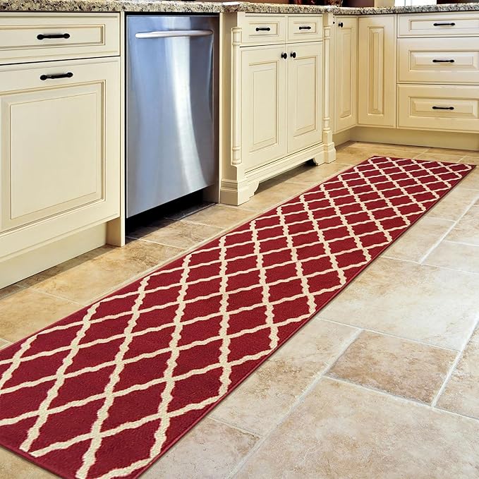 Ottomanson Machine Washable Elegant Trellis Design Non-Slip Rubberback 2x7 Traditional Runner Rug for Hallway, Kitchen, Bedroom, Living Room, 1'10" x 7', Red