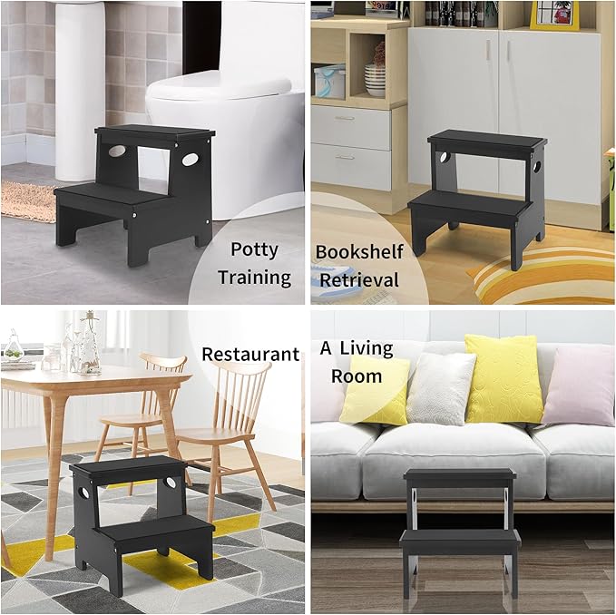 Kids Step Stool Black Stepping Stool 2 Step Stools for Toddlers Bathroom Kitchen Counter Sink Wooden Step Stool Portable Baby Childrens Wood Toddler Foot Bed Step Stool Kids Potty Training Stool