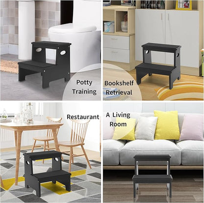 Kids Step Stool Black Stepping Stool 2 Step Stools for Toddlers Bathroom Kitchen Counter Sink Wooden Step Stool Portable Baby Childrens Wood Toddler Foot Bed Step Stool Kids Potty Training Stool