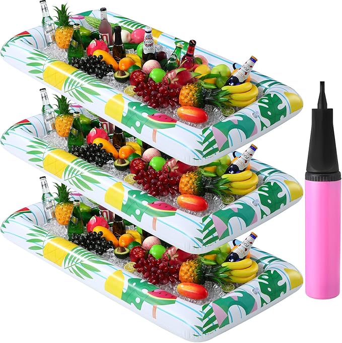 3 Pcs Inflatable Serving Bars Summer Ice Buffet Salad Serving Trays Ice Holder for Party BBQ Picnic Inflatable Drink Cooler with Drain Plug Air Pump Luau Pool Party Supplies (Palm Leaf)