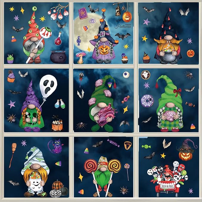 Halloween Window Clings Stickers Decoration Cartoon Dwarf Midget Horror Design Halloween Window Cling Decal Double Sided Static Removable Halloween Glass Window Stickers Supplies 9 Sheets