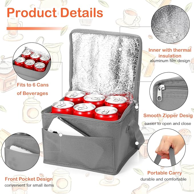 Amyhill Gray Insulated Lunch Bag, 8.27 x 6.3 x 5.51 inches, PEVA Foil Lining, Stain Resistant, Reusable, Portable, Lightweight, Spacious, Easy to Clean, Suitable for Office, Picnic