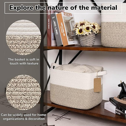 Goodpick Woven Storage Basket for Shelves, Cotton Rope Dog Toy Bin, Empty Gift Basket with Handles, Square Baskets for Storage, Brown and White Storage Bin, 13 x 10 x 9 Inches