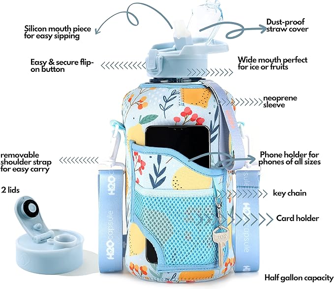 H2O Capsule 2.2L Half Gallon Water Bottle with Storage Sleeve and Removable Straw – BPA Free Large Reusable Drink Container with Handle - Big Sports Jug, 2.2 Liter (74 Ounce), Lemon Drop