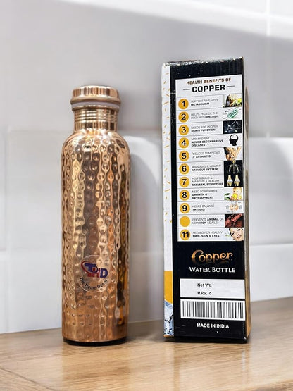 34Oz Pure Copper Water Bottle for Drinking Large Handcrafted Ayurvedic Copper Water Bottle Leak Proof Lid Smooth Finish Water Vessel Copper Drinking Water Bottle 34Oz (Hammered Finish)
