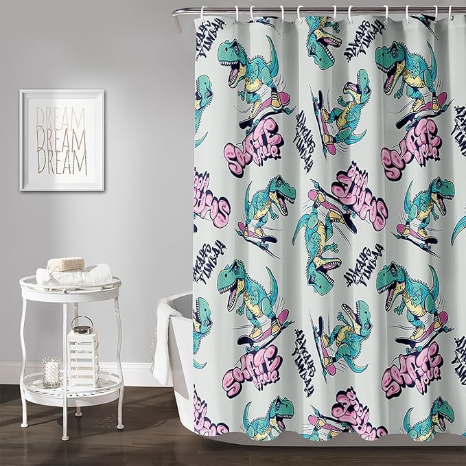 AILONEN Cute Dinosaur Kids Shower Curtain,Sport Cool Dinosaur Bath Curtain Gifts for Boys Teens,Skate Dinosaur Polyester Waterproof for Bathroom with 12 Plastic Hooks 72" W*72" H