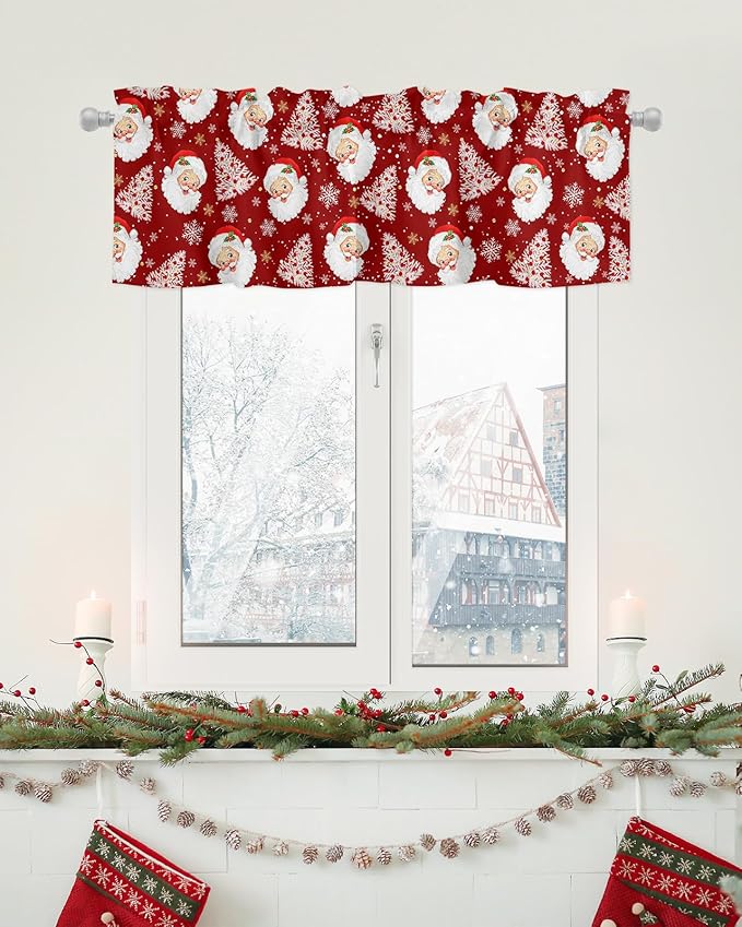 Red Christmas Valance Curtains for Kitchen Windows Santa Claus Merry Christmas Tree Rod Pocket Window Treatment Toppers for Kitchen/Living Room/Bedroom/Bathroom, 60" X 18", Winter Snowflake
